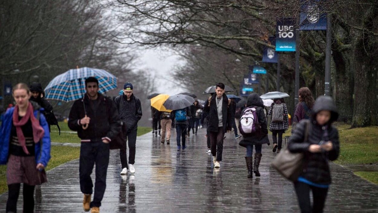 Des étudiants marchent sous la pluie sur le campus de l'Université de la Colombie-Britannique.