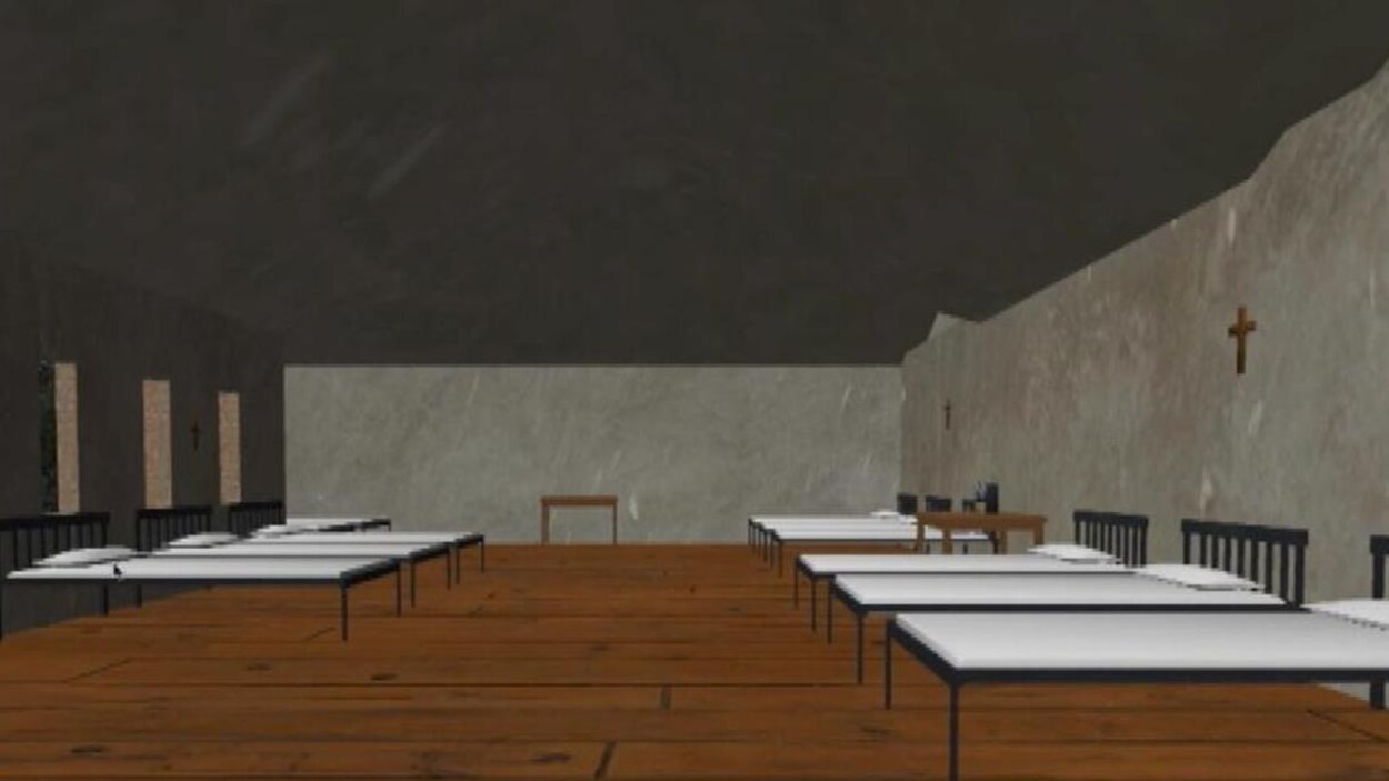 Une image simulée d'un dortoir d'un pensionnat autochtone par des chercheurs de l'Université du Manitoba, où l'on voit une série de lits et des croix accrochées aux murs. Une image simulée d'un dortoir d'un pensionnat autochtone par des chercheurs de l'Université du Manitoba, où l'on voit une série de lits et des croix accrochées aux murs.