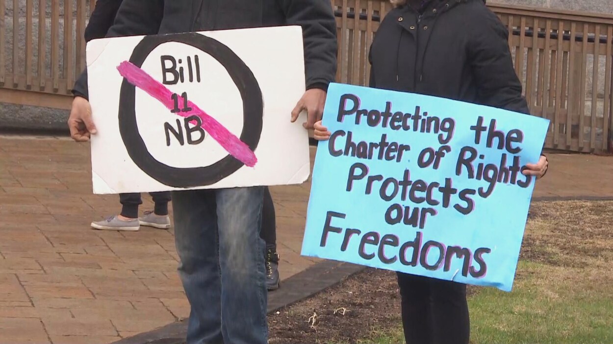 Deux affiches de manifestants contre la vaccination obligatoire sur lesquelles on peut lire : «Protecting the charter of Rights Protects our Freedoms» et «Bill 11 NB».