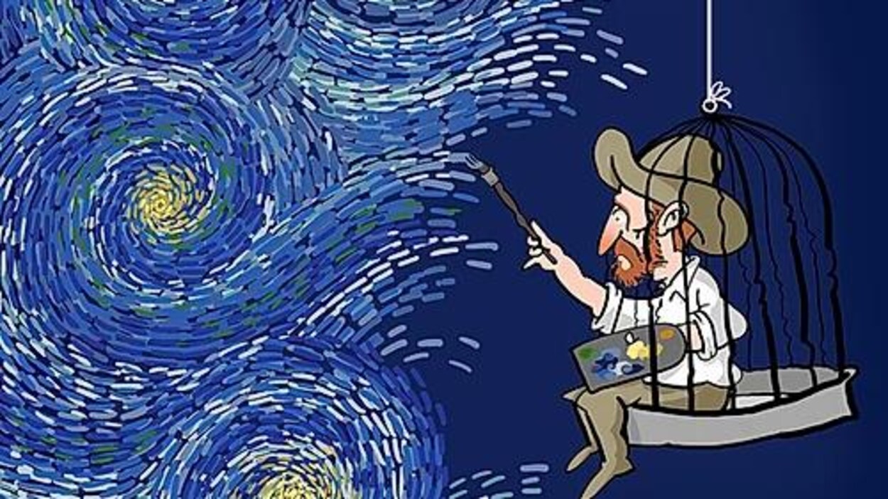 Van Gogh est dans une cage d'oiseaux et il peint.