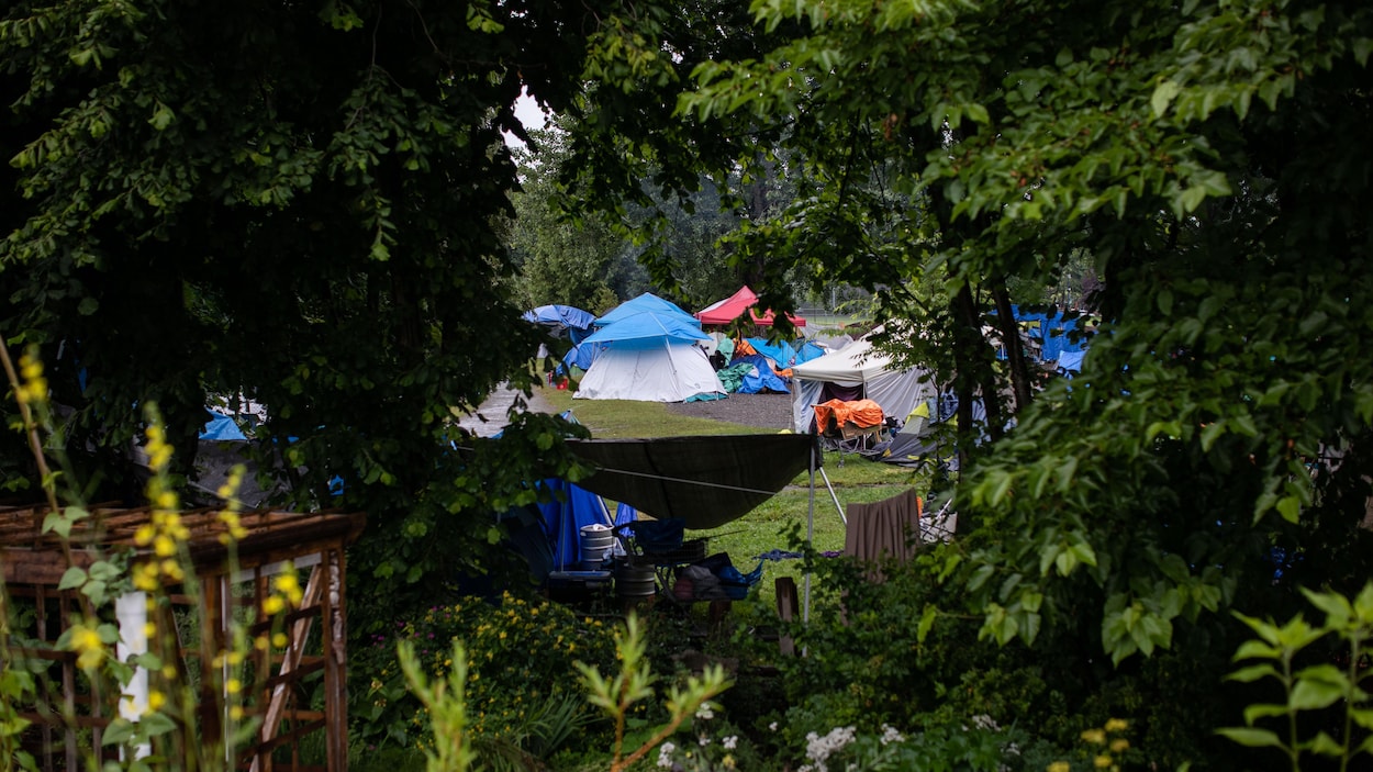 Vue des tentes du campement du parc Strathcona à Vancouver, à travers les arbres.