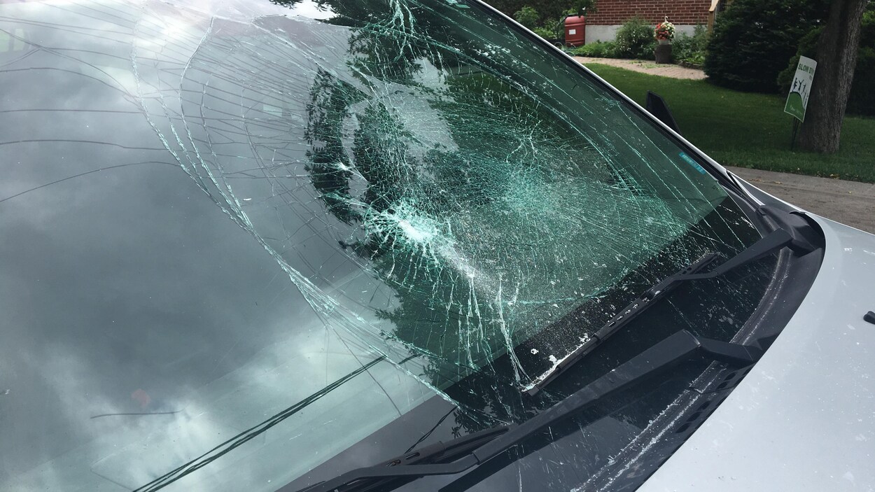 Le pare-brise fracassé d'une voiture.