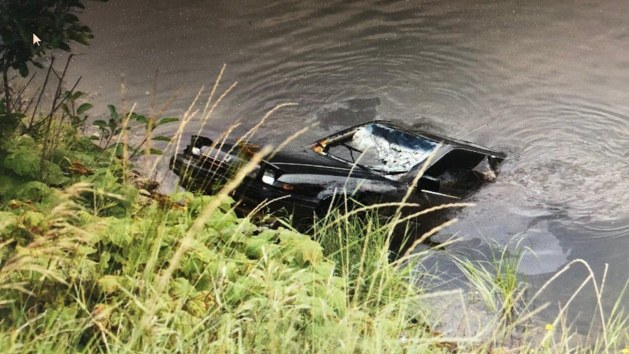 Une voiture noire est remorquée des eaux d'un lac. 