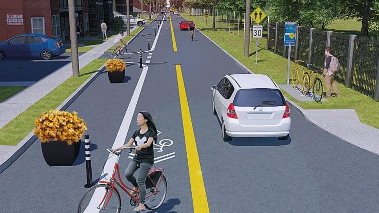 Maquette d'un projet d'aménagement cycliste sur la rue Saint-François-Xavier.