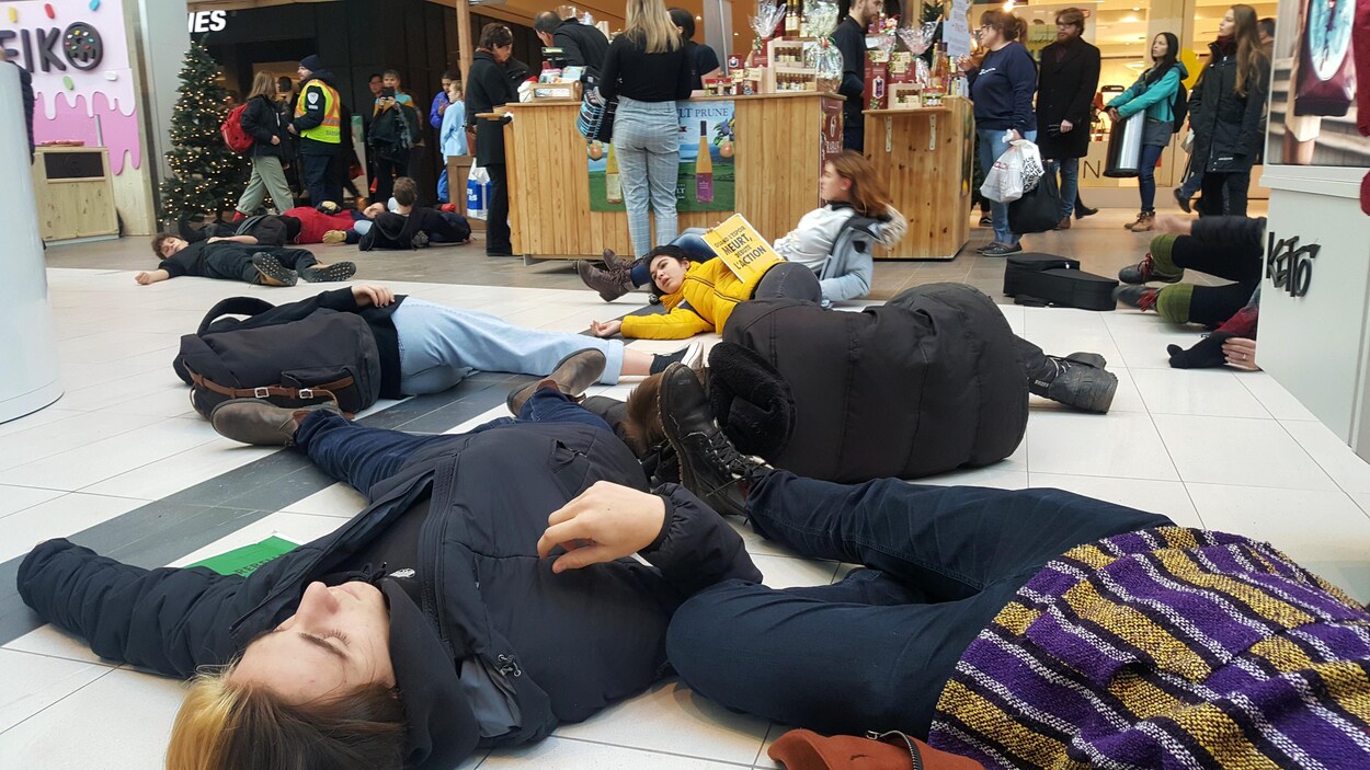Des militants environnementalistes lors d'une action dans un centre commercial de Québec