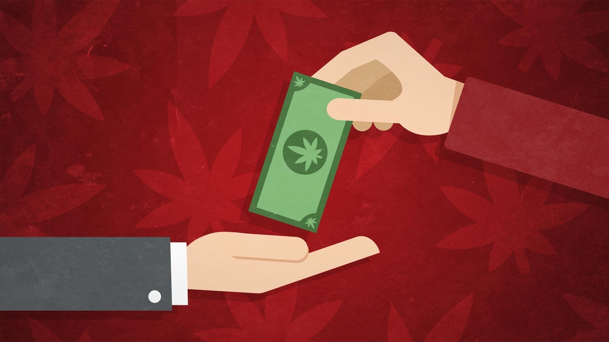 Une main tend un billet de banque, sur lequel on voit une feuille de cannabis, à une autre main. Une main tend un billet de banque, sur lequel on voit une feuille de cannabis, à une autre main.