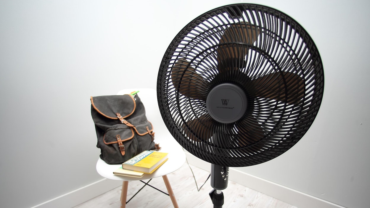 Un ventilateurs avec deux livres et un sac à dos en arrière plan.