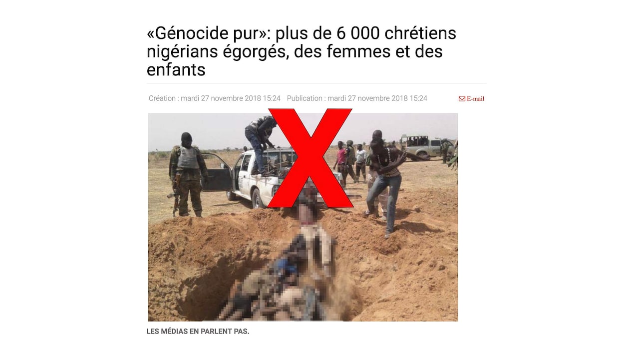 Un article du site Les Manchettes prétend que 6000 chrétiens auraient tués dans un génocide au Nigeria. Le titre est « Génocide pur: plus de 6 000 chrétiens nigérians égorgés, des femmes et des enfants ». La photo qui accompagne l'article montre des corps dans une fosse commune.
