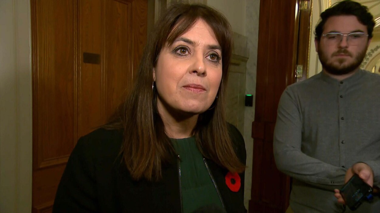 Véronique Hivon en mêlée de presse avec des journalistes à l'Assemblée nationale du Québec.