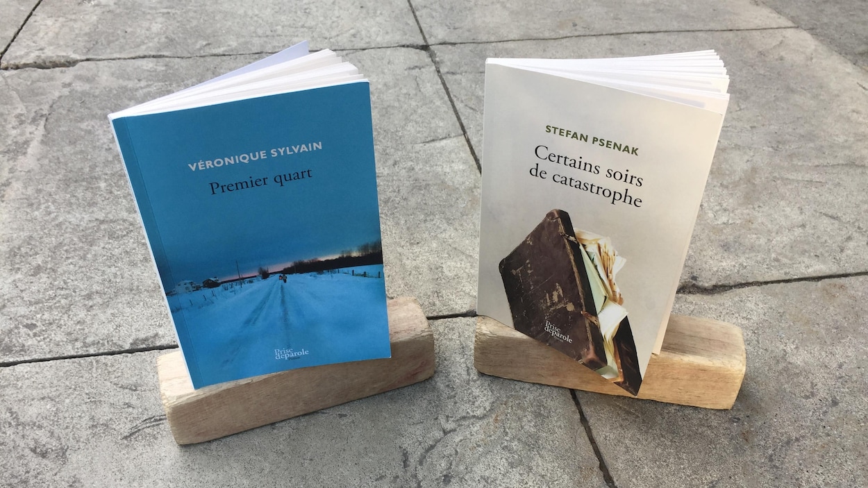Les deux livres sont positionnés sur des bouts de bois, déposés sur un trottoir fait de dalles de béton.