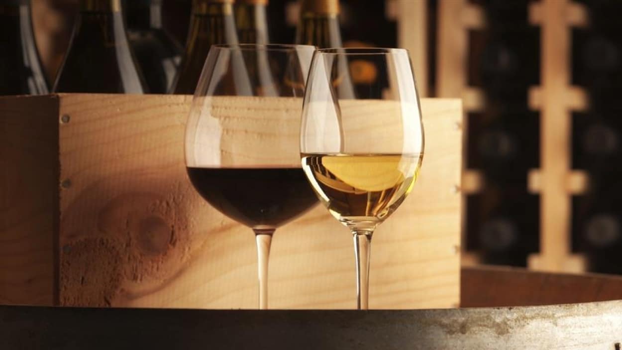 Deux verres de vin blanc et rouge dans une cave Deux verres de vin blanc et rouge dans une cave