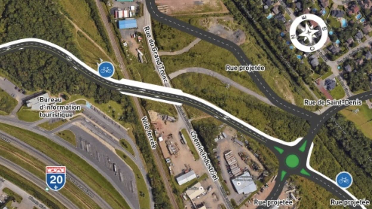 Vu des airs d'un projet de construction de viaduc à Lévis