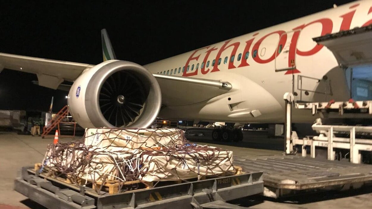Un avion d'Ethiopian Airlines, vu de l'extérieur, la nuit. Devant l'avion : des cercueils empilés sur une palette, sous un filet.