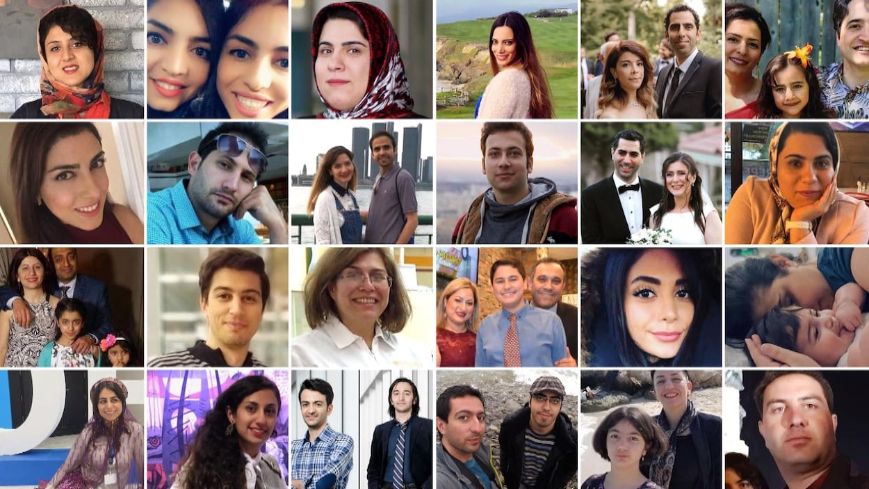 Mosaïque de photos des victimes de l'écrasement de l'avion en Iran.