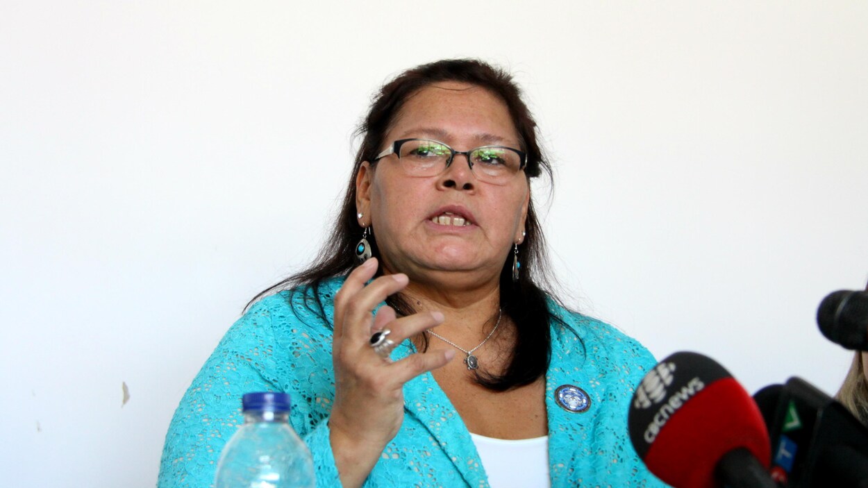 Viviane Michel, présidente Femmes autochtones Québec, en point de presse à Montréal le 19 mars 2018 Viviane Michel, présidente Femmes autochtones Québec, en point de presse à Montréal le 19 mars 2018