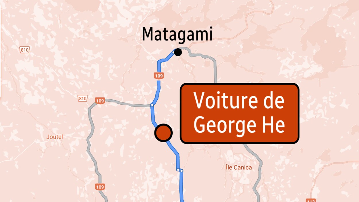 Une carte indique l'emplacement où la voiture de George He a été retrouvée.