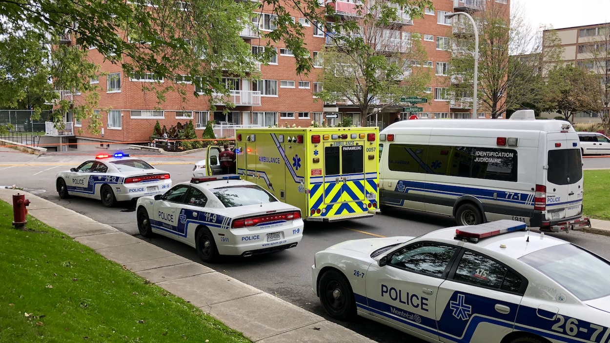 Trois voitures de police, une ambulance et un camion de l'identification judiciaire.