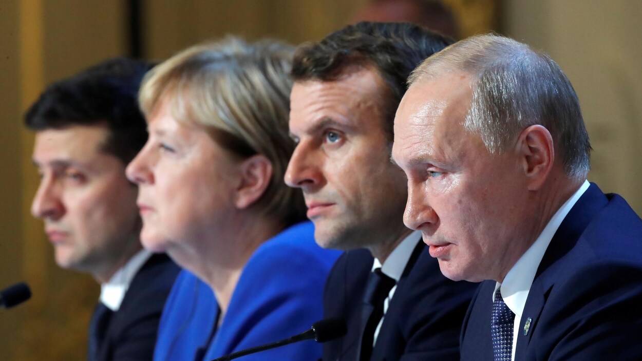 Volodymyr Zelenskiy, Angela Merkel, Emmanuel Macron et Vladimir Poutine