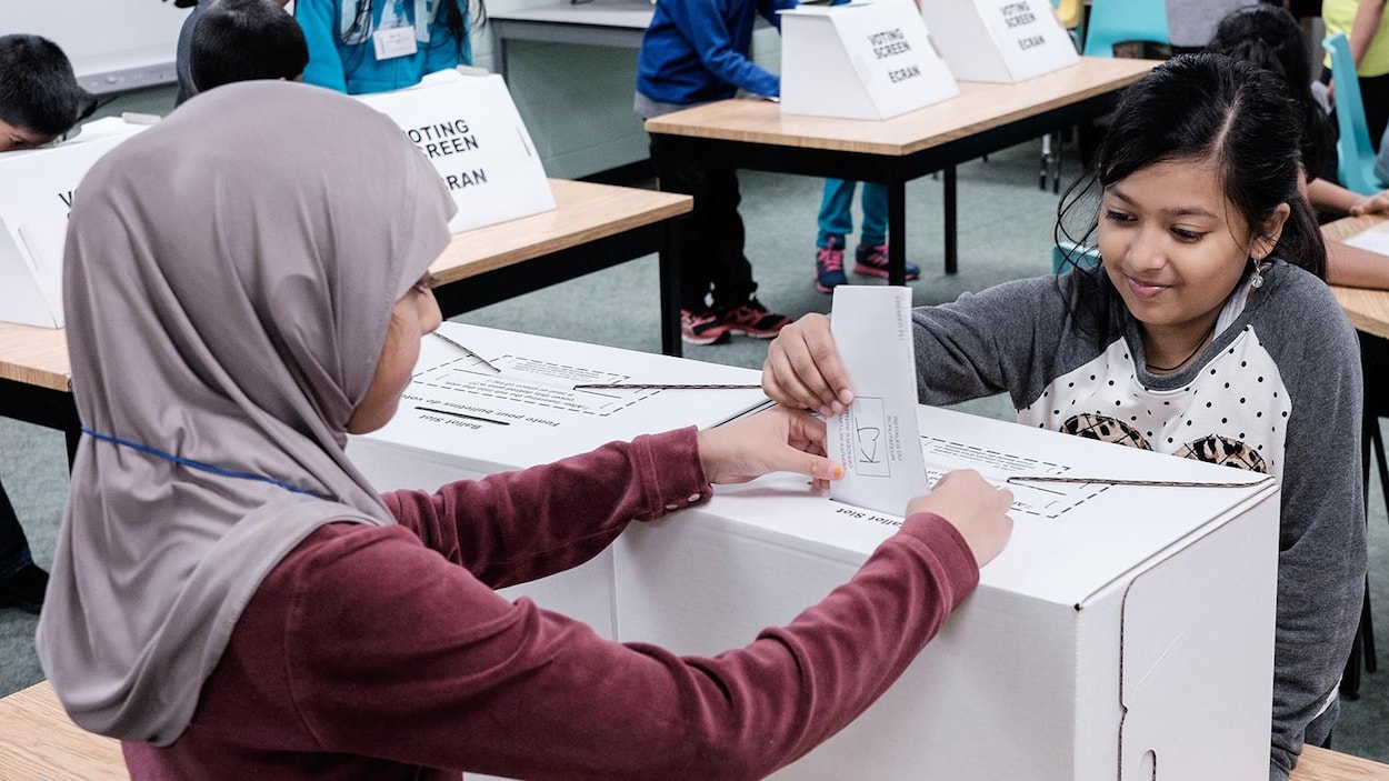 Deux fillettes devant une urne de vote.