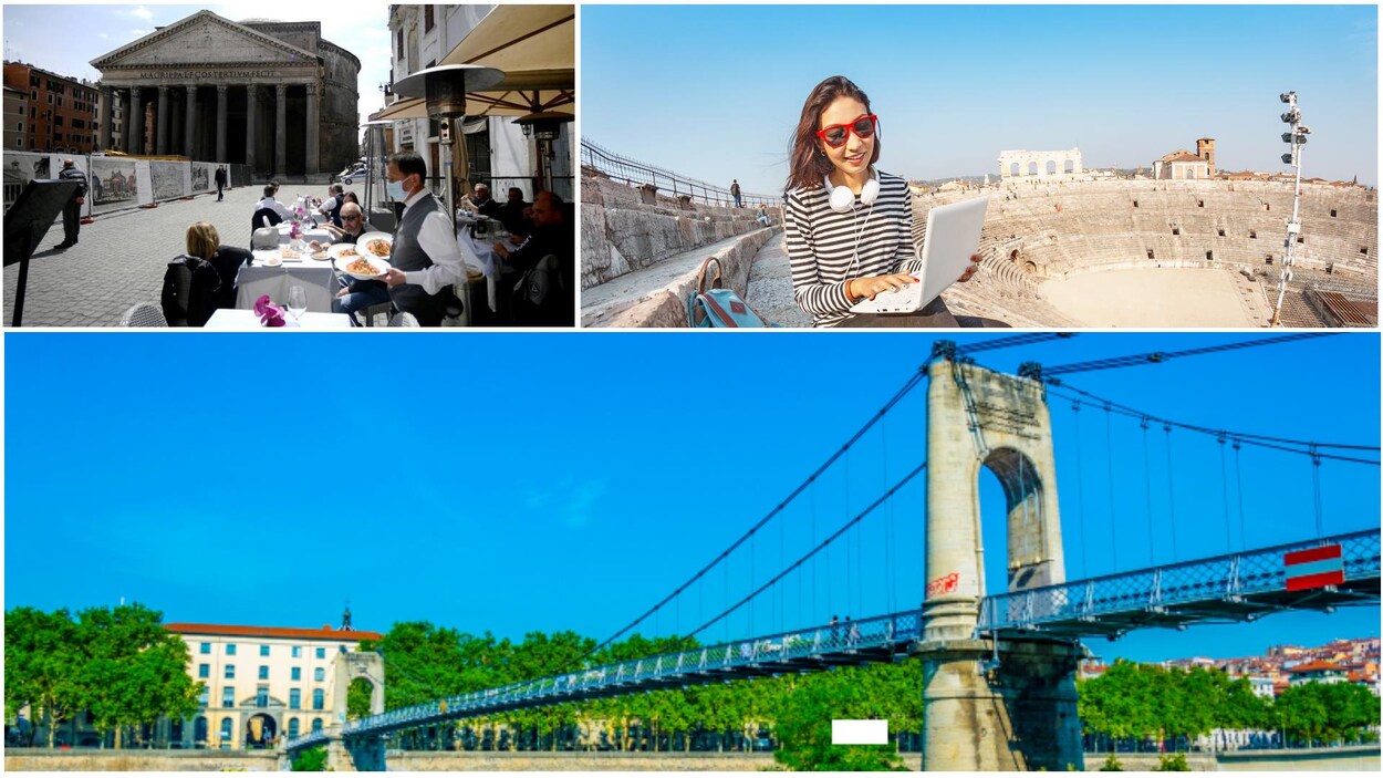 Trois photos en format collage : une terrasse à Rome, une étudiante devant des vestiges européens, un pont à Lyon