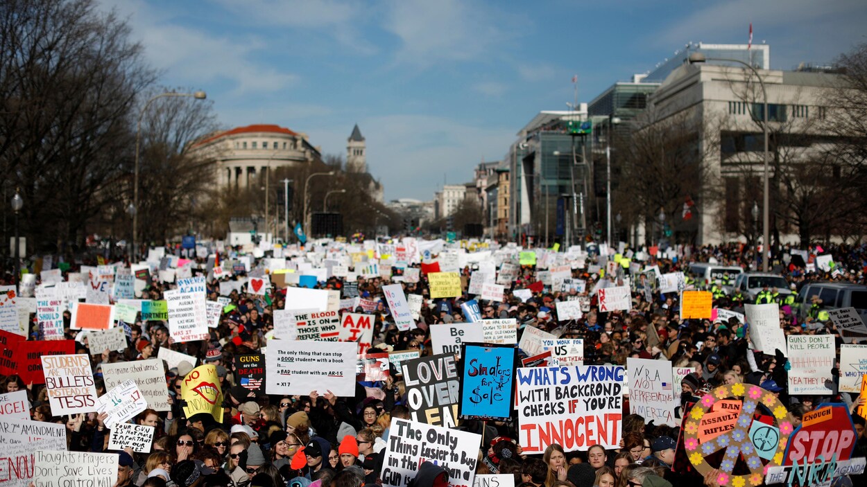 Une foule immense est réunie dans une rue de Washington.