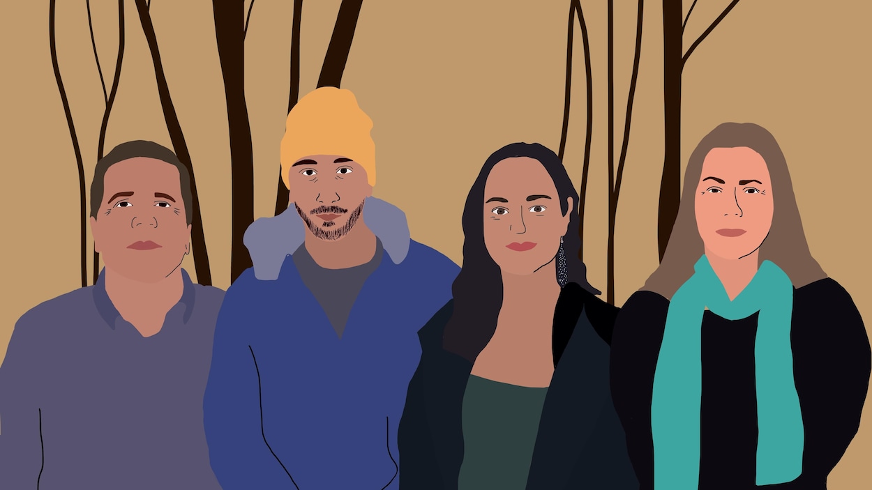 Illustration graphique de quatre membres de la nation huronne-wendat.