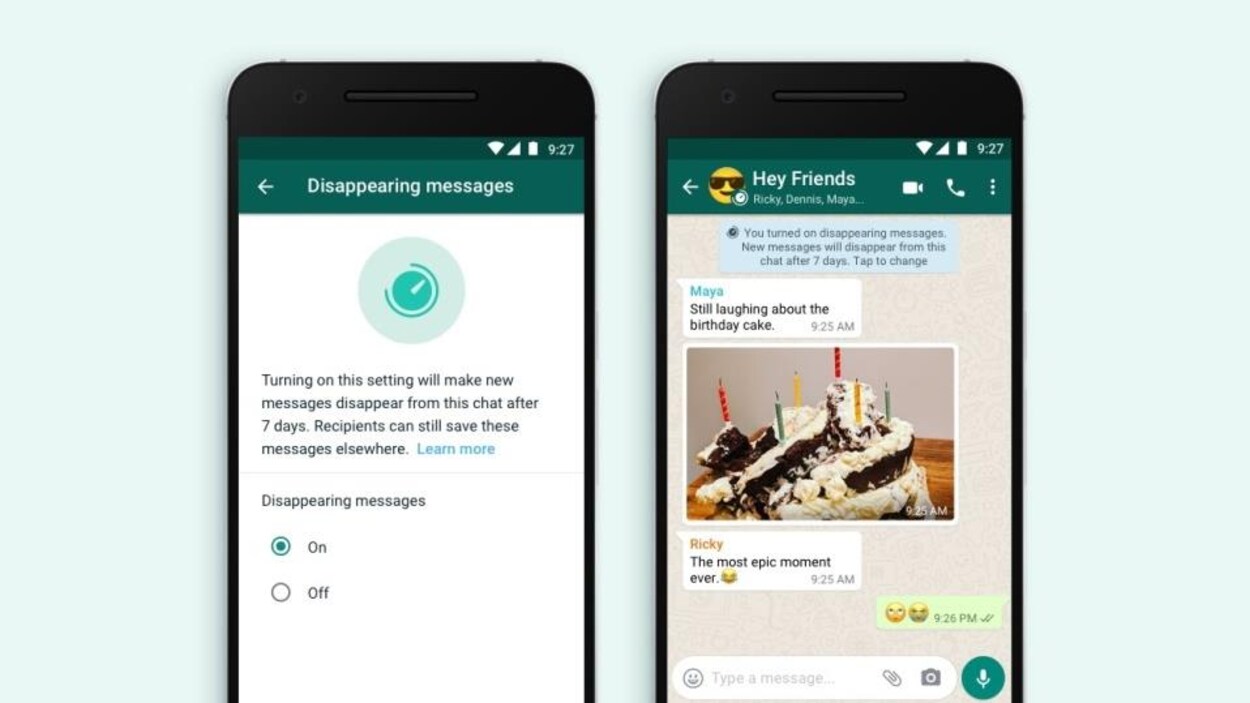 Deux écrans de téléphone montrent la nouvelle fonction activée de l'application de messagerie WhatsApp. L'écran de gauche montre plus précisément une conversation de groupe.