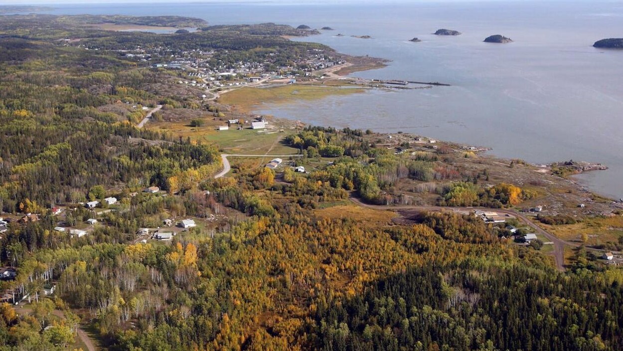 Une vue aérienne d'un parc situé au bord du littoral. Parmi les arbres figurent quelques maisons.