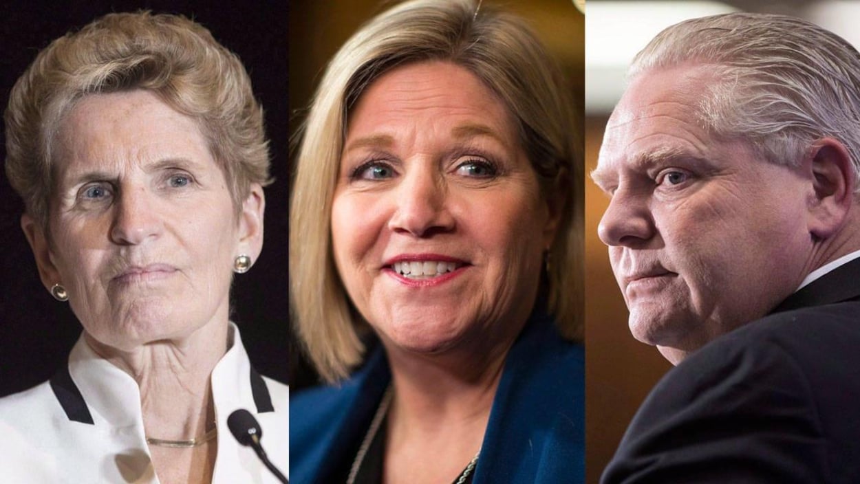 De g. à d. : Kathleen Wynne, Andrea Horwath et Doug Ford De g. à d. : Kathleen Wynne, Andrea Horwath et Doug Ford