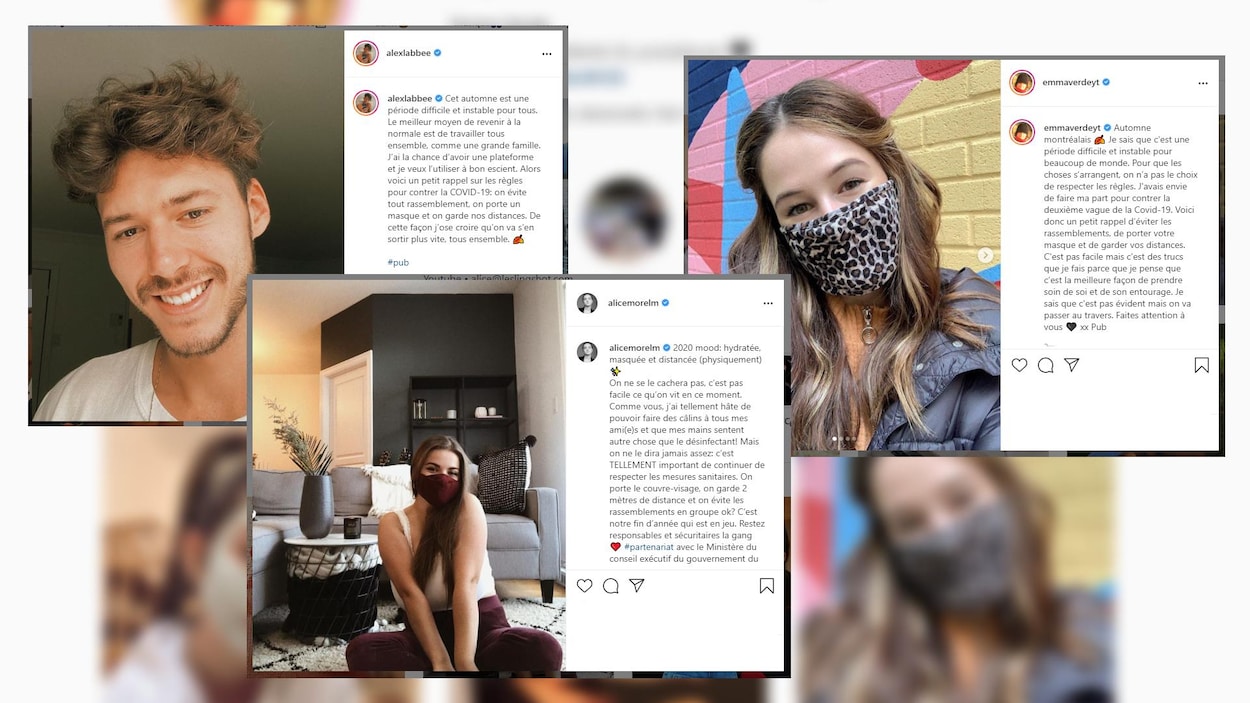 Trois captures d'écran de jeunes en photo sur Instagram. Deux filles qui portent un masque, et un gars qui sourit.