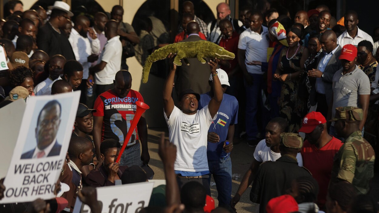 Un partisan d’Emmerson Mnangagwa brandit une peluche représentant un crocodile, (« le crocodile » étant le surnom de Mnangagwa) dans les locaux du parti Zanu-PF à Harare le 22 novembre 2017