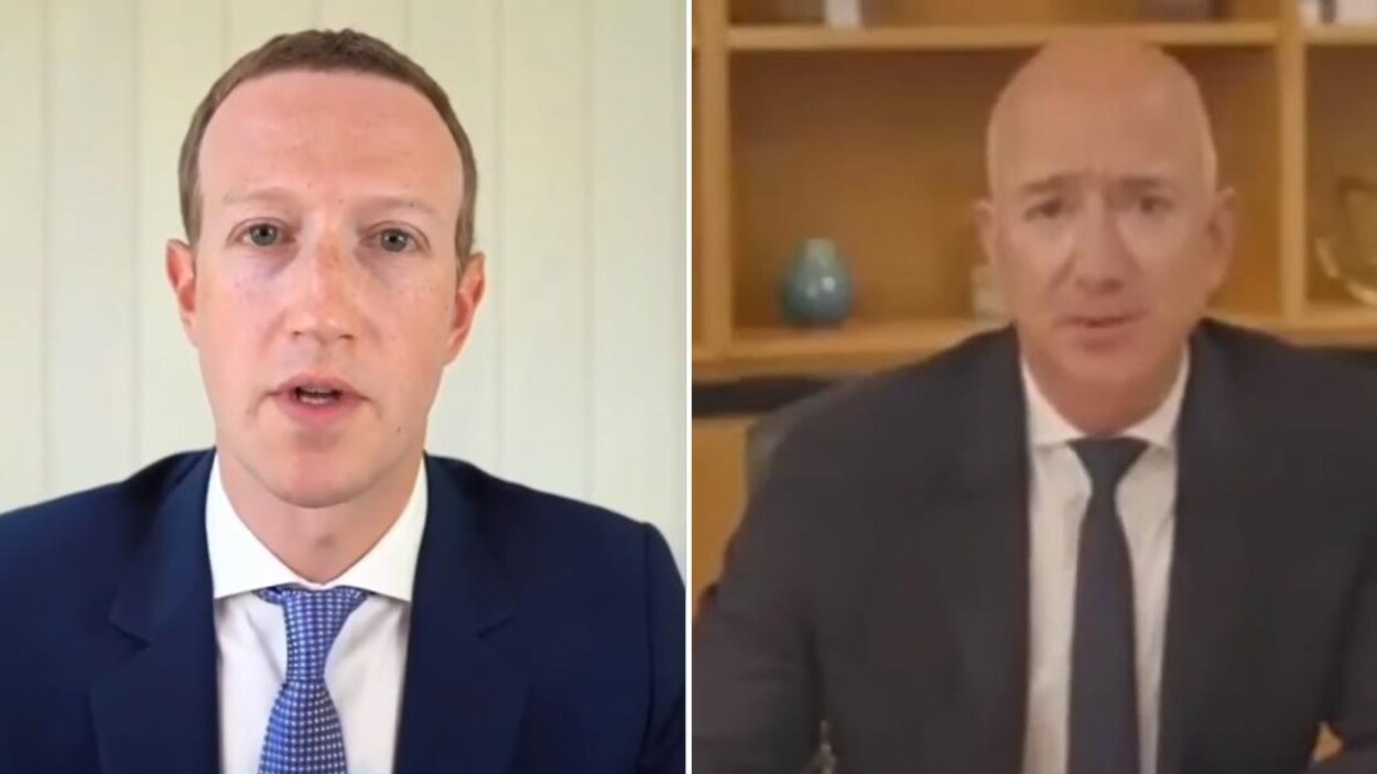 Deux images, côte à côte, de Mark Zuckerberg et Jeff Bezos qui témoignent par vidéoconférence. Celle de Zuckerberg est de meilleure qualité, car Bezos semblait avoir des problèmes de connexion lors de l'audience.