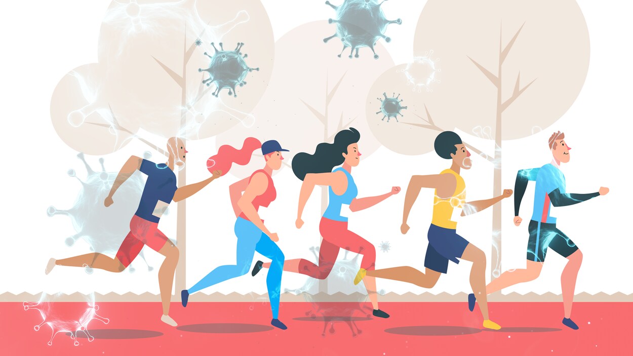 Des personnages d'athlètes s'entraînent sous des molécules de Coronavirus.