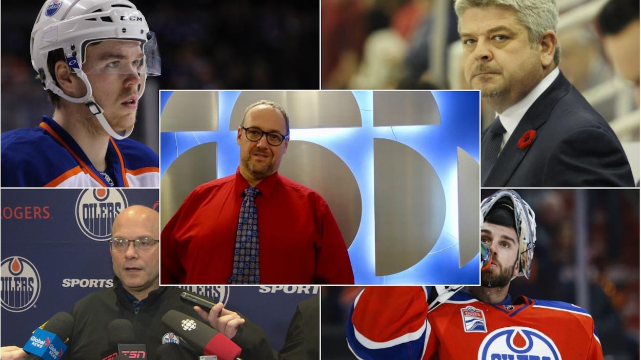 Montage où on voit Connor McDavid, Todd McLellan, Peter Chiarelli et Cam Talbot entourant le journaliste Patrick Henri Montage où on voit Connor McDavid, Todd McLellan, Peter Chiarelli et Cam Talbot entourant le journaliste Patrick Henri