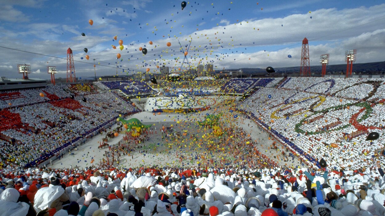 Scène de la cérémonie d'ouverture des Jeux olympiques de Calgary en 1988.