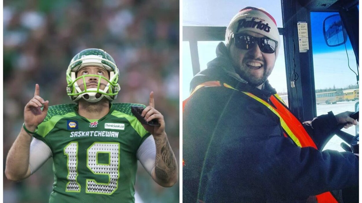 Un montage avec une photo de Christopher Milo avec les Roughriders et une autre où il se trouve derrière le volant de son autobus.