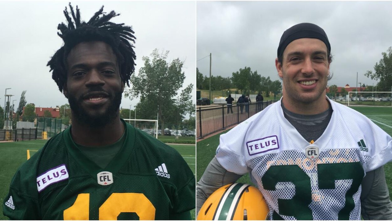 À gauce, Christophe Mulumba-Tshimanga et à droite Christophe Normand, après un entraînement des Eskimos.