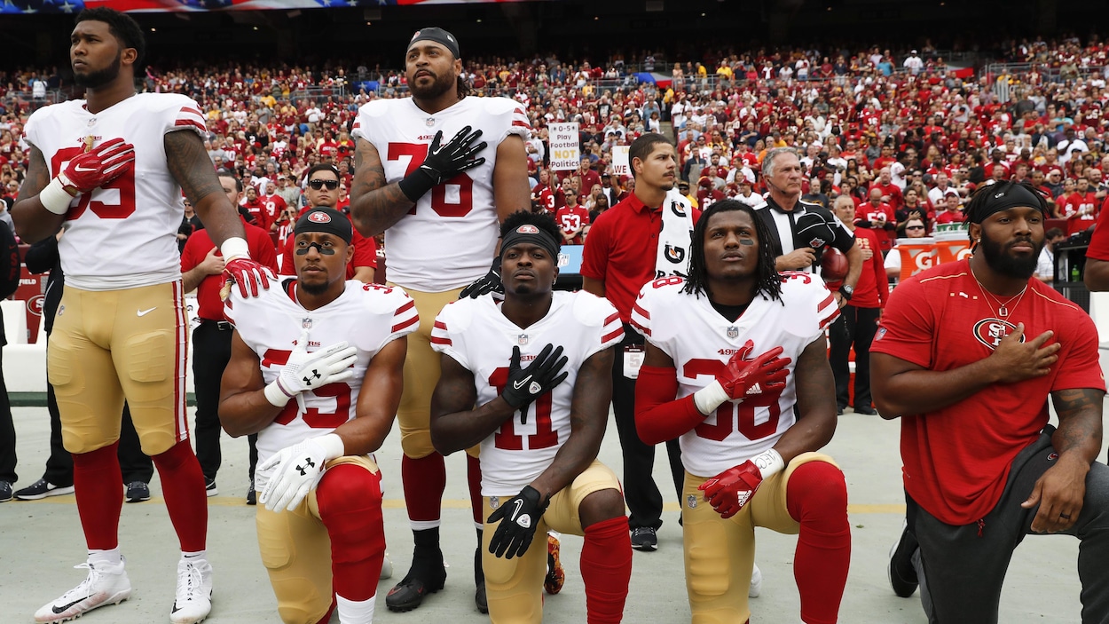 Eric Reid (35), Marquise Goodwin (11) et Adrian Colbert (38) des 49ers Eric Reid (35), Marquise Goodwin (11) et Adrian Colbert (38) des 49ers
