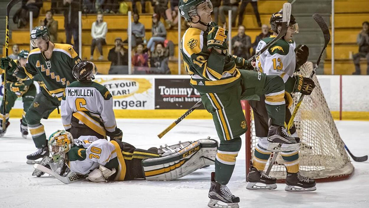 Jamie Crooks des Golden Bears de l'Université célèbre après avoir marqué un but face aux Cougars de Regina Jamie Crooks des Golden Bears de l'Université célèbre après avoir marqué un but face aux Cougars de Regina