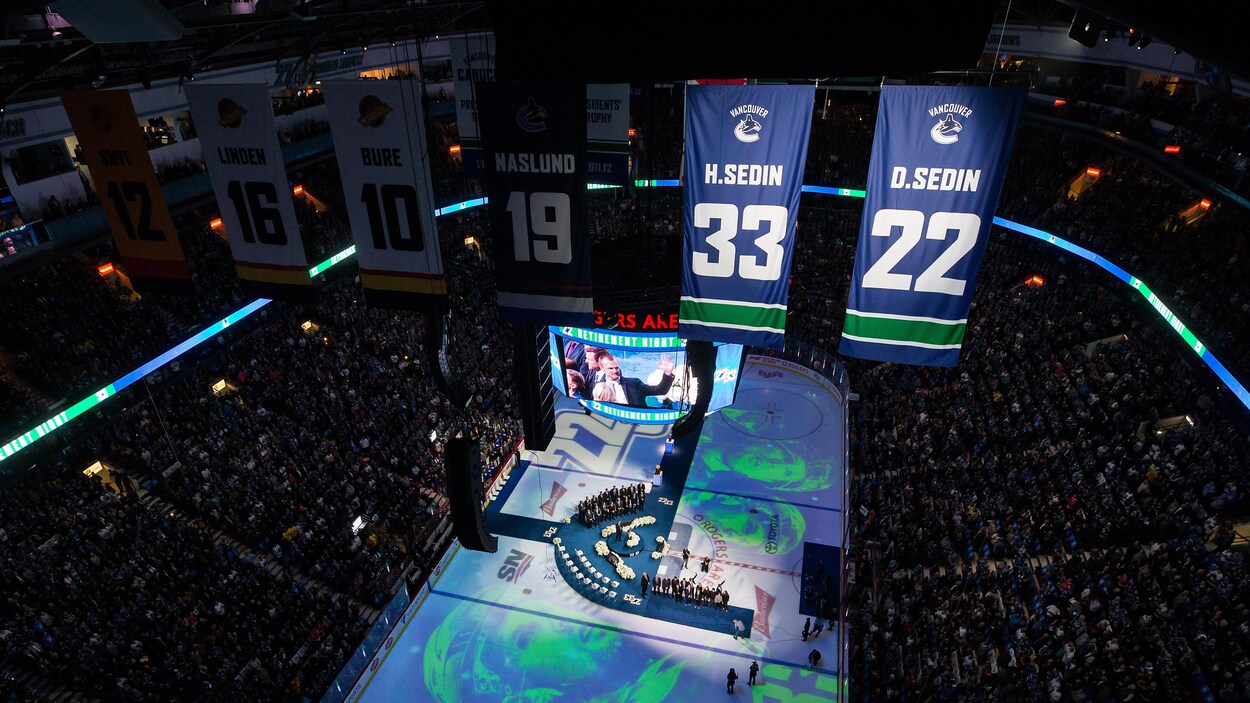 Les bannières 33 et 22 des frères Henrik et Daniel Sedin au plafond de l'amphithéâtre de Vancouver