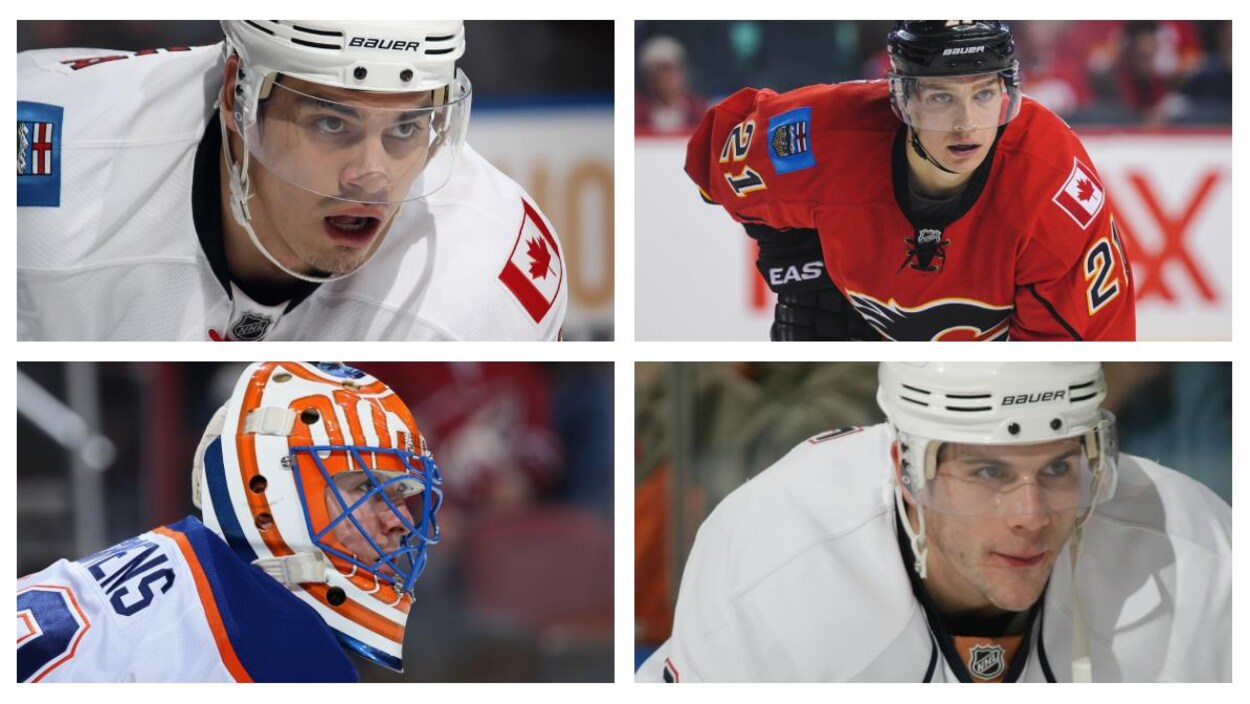 René Bourque et Mason Raymond alors qu'ils portaient les couleurs des Flames. Ben Scrivens et Gilbert Brulé dans leur uniforme des Oilers. René Bourque et Mason Raymond alors qu'ils portaient les couleurs des Flames. Ben Scrivens et Gilbert Brulé dans leur uniforme des Oilers.