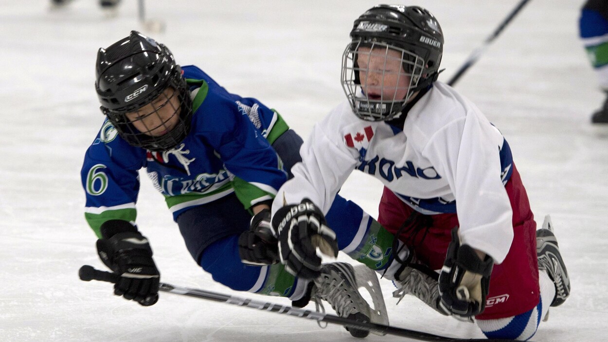 Deux jeunes joueurs de hockey de catégorie novice Deux jeunes joueurs de hockey de catégorie novice