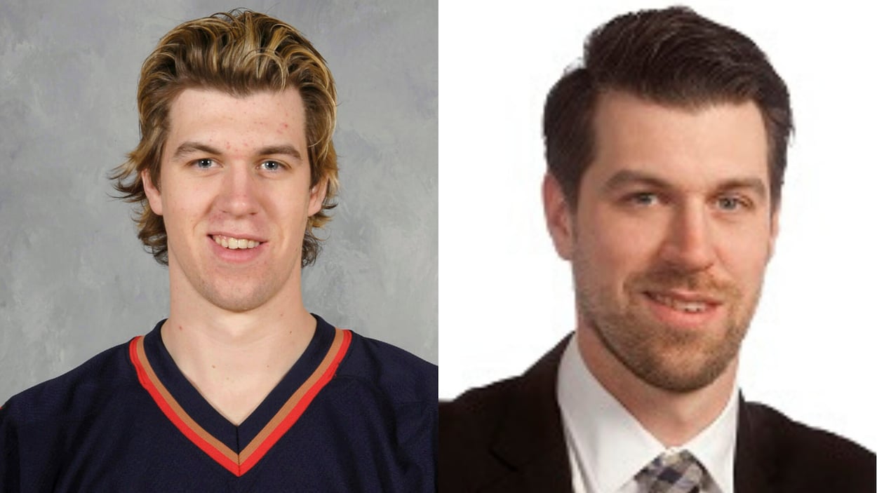 À gauche, Jeff Drouin-Deslauriers au début du camp des Oilers en 2006. À droite, lors de son embauche par la compagnie Cushman & Wakefield.