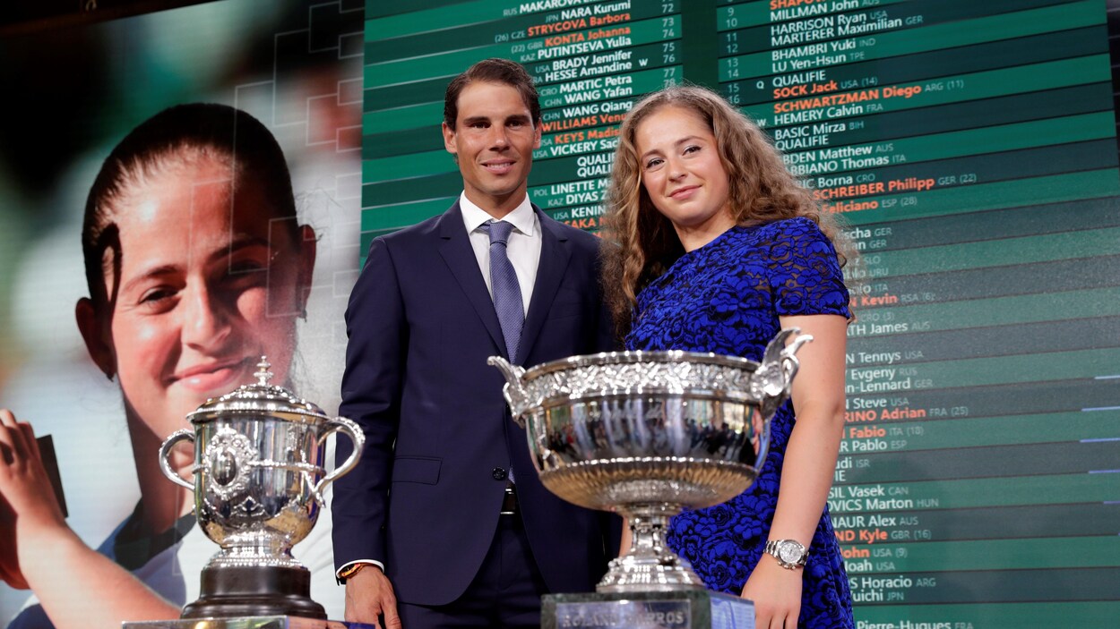 Les champions en titre de Roland-Garros posent derrière les trophées masculin et féminin. Les champions en titre de Roland-Garros posent derrière les trophées masculin et féminin.