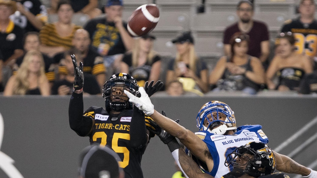 Jumal Rolle (à gauche) intercepte une passe des Blue Bombers.
