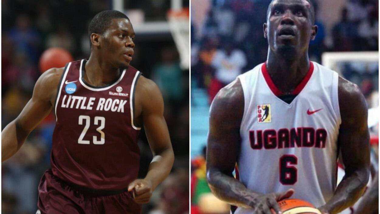 Montage avec deux joueurs de basketball en action pendant un match.