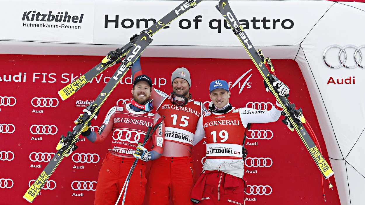 De gauche à droite : Kjetil Jansrud, Aksel Lund Svindal, Matthias Mayer De gauche à droite : Kjetil Jansrud, Aksel Lund Svindal, Matthias Mayer