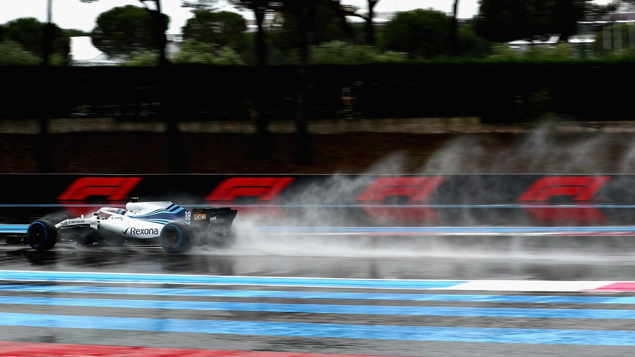 Lance Stroll tourne sur la piste détrempée au circuit Paul-Ricard en France