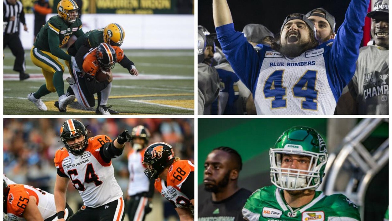 Montage de quatre photos avec quatre joueurs de football en action.