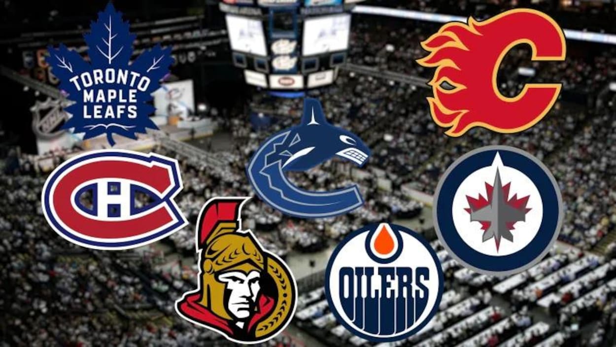 Les logos des équipes canadiennes superposés sur une image du repêchage.